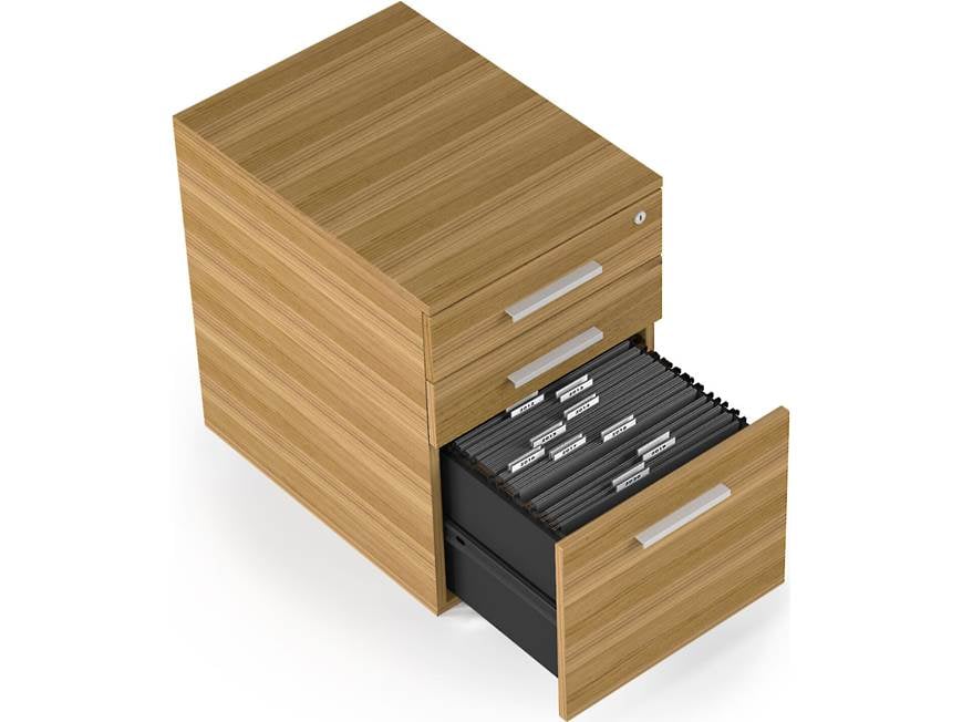 three-drawer wood filing cabinet with open bottom drawer showing hanging file rails