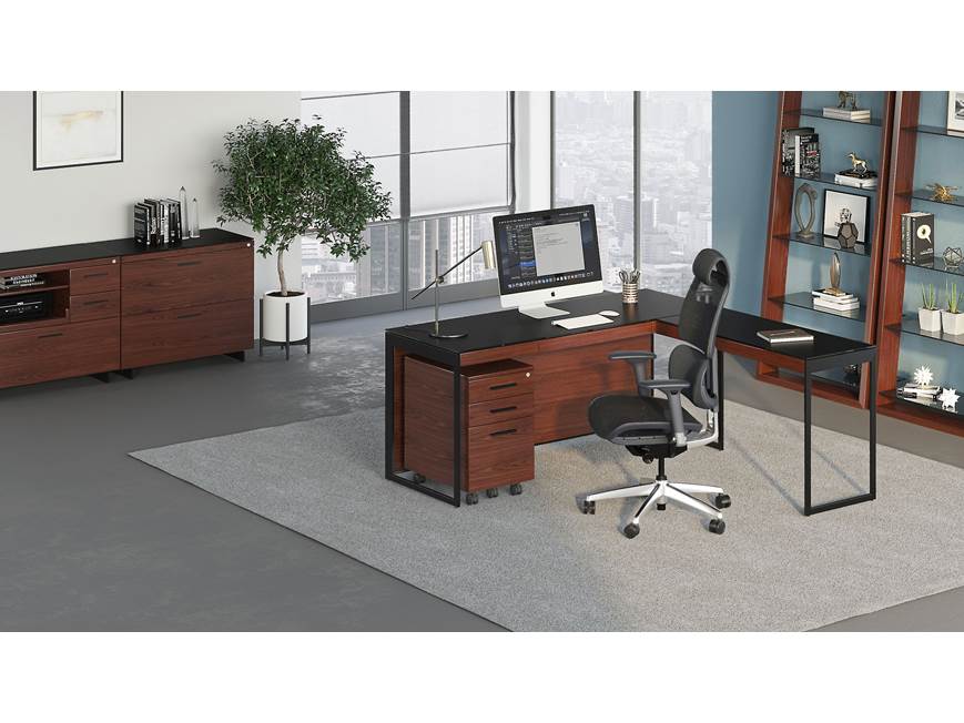 Desk in modern office with glass shelves and plant