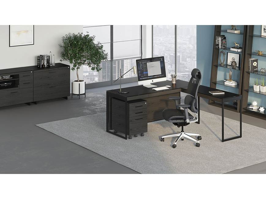 Modern office with desk and storage cabinet in dark wood finish