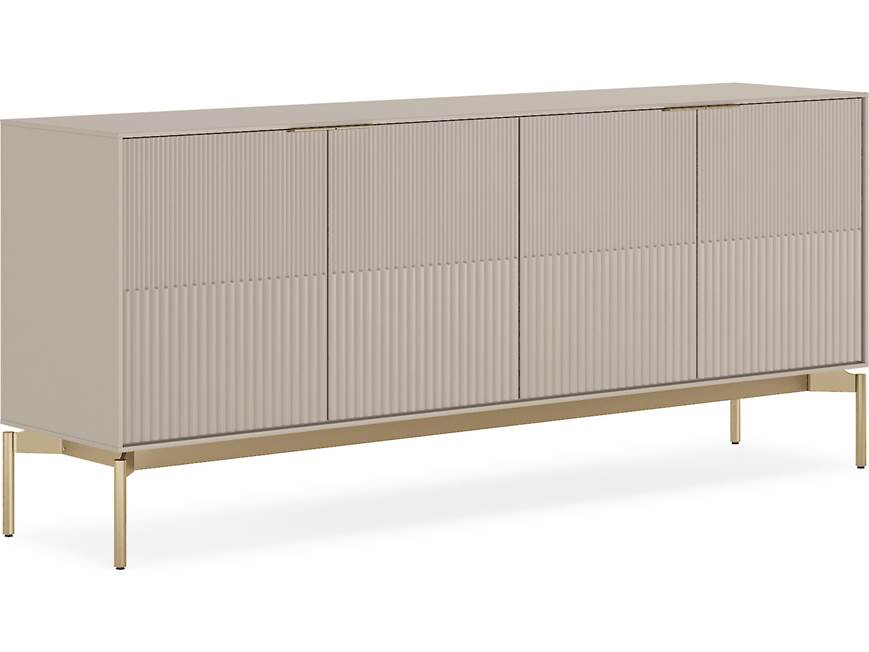 Three-quarter view of beige ribbed sideboard with gold metal legs