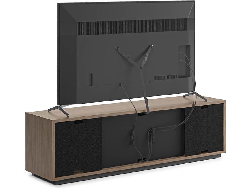 Back of TV mounted on stand with cables