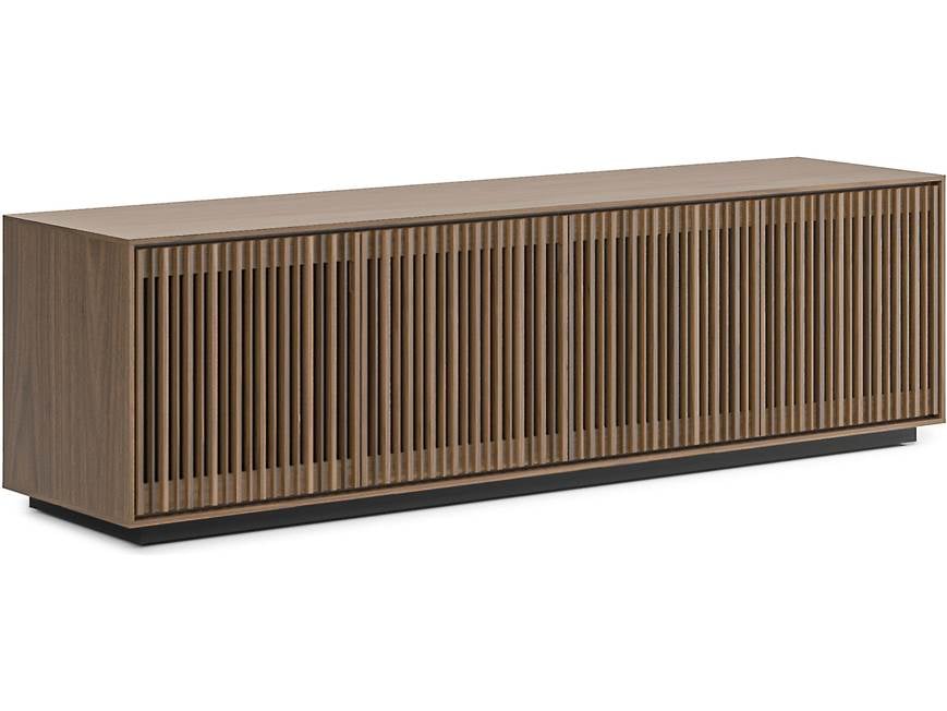 Long walnut media console with many vertical slats