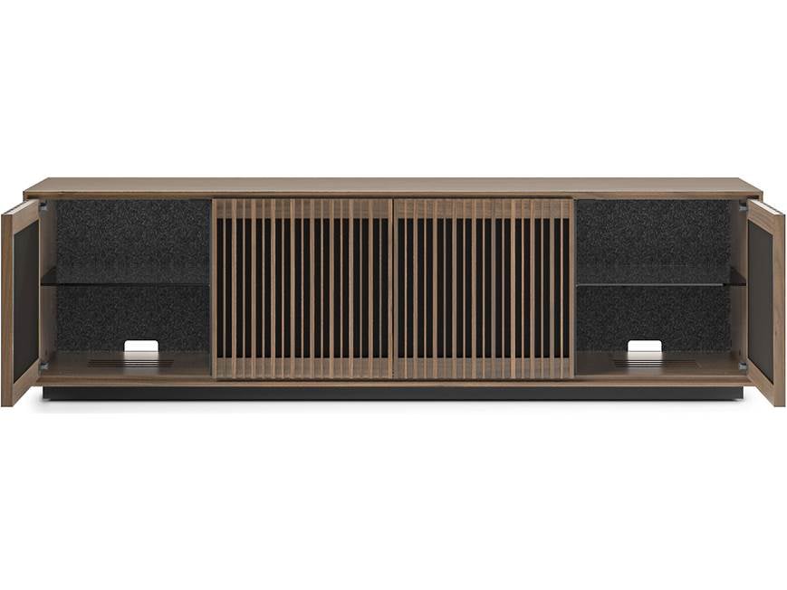Wooden media cabinet with central slatted doors and adjacent compartments open