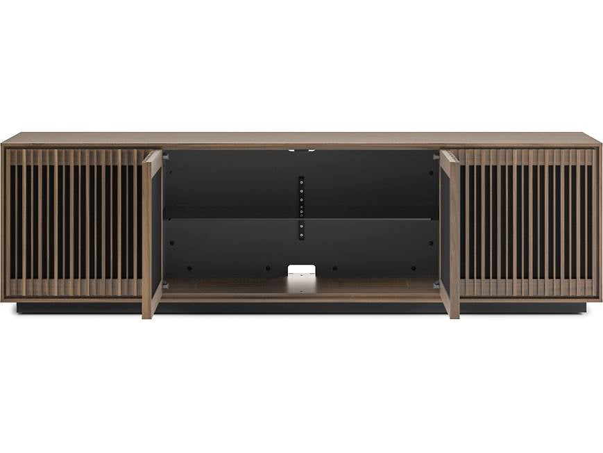 Open view of media cabinet with interior shelving