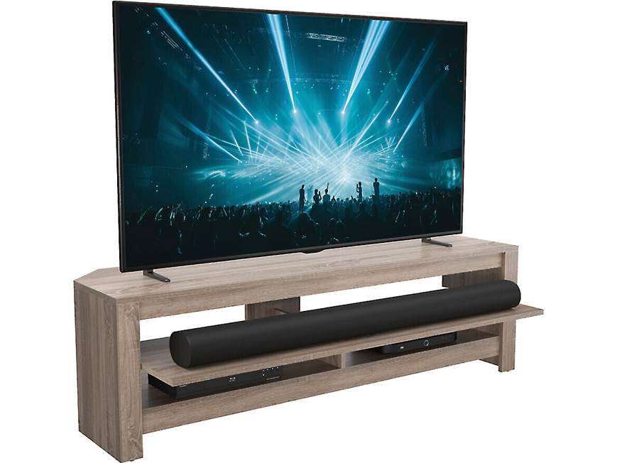 TV stand with large TV on top and media shelf