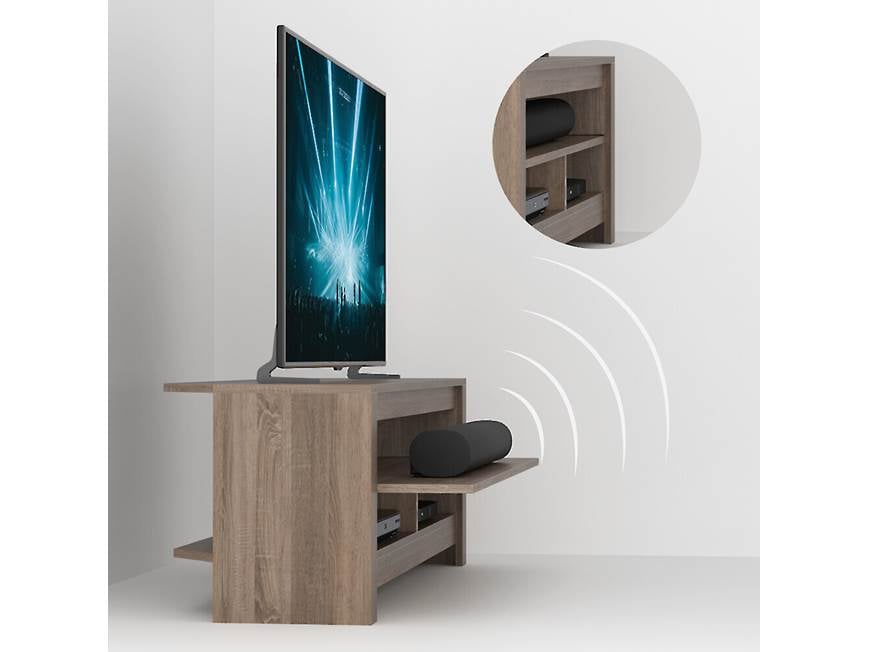 TV stand with circular inset highlighting storage