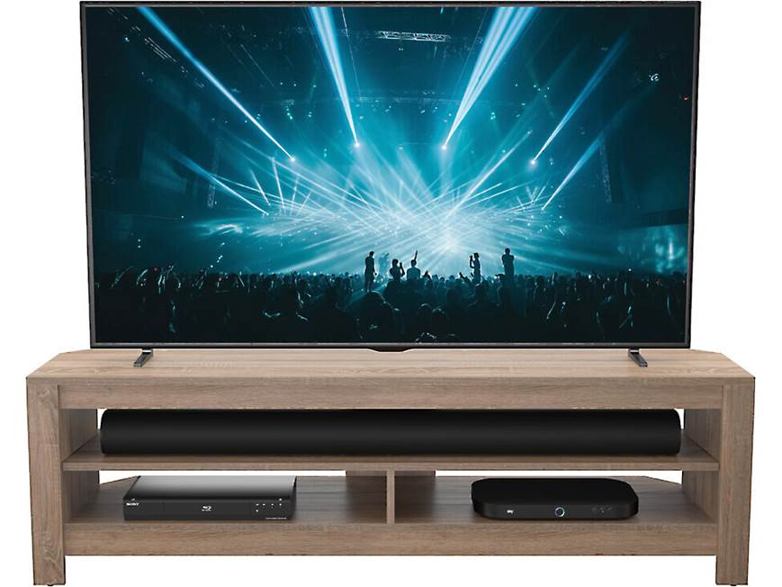 Wooden TV console with TV and devices