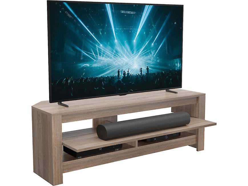 TV stand with television and devices