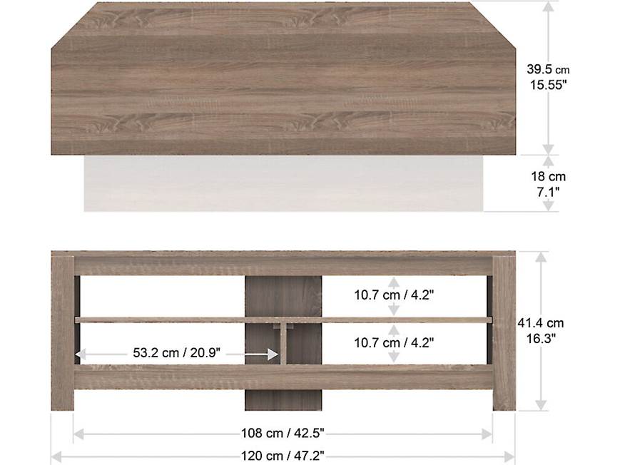 Dimension diagram of TV stand with measurements