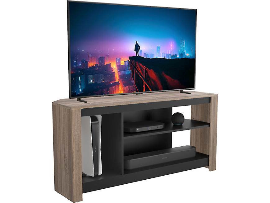 Entertainment console with TV atop and devices in shelves