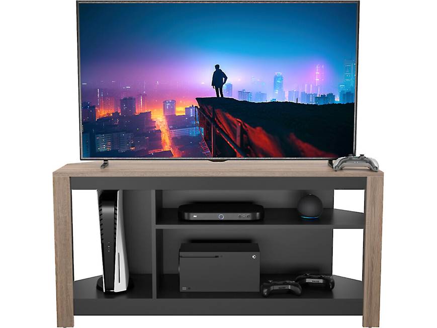 Entertainment console viewed from front with electronic devices on shelves