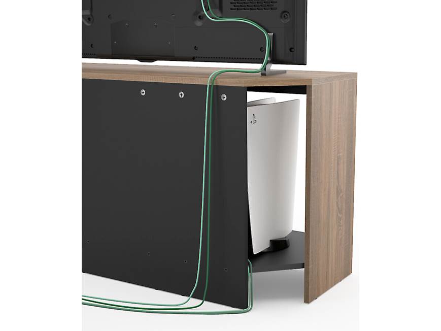 Rear view of TV stand showing cable management and back panel