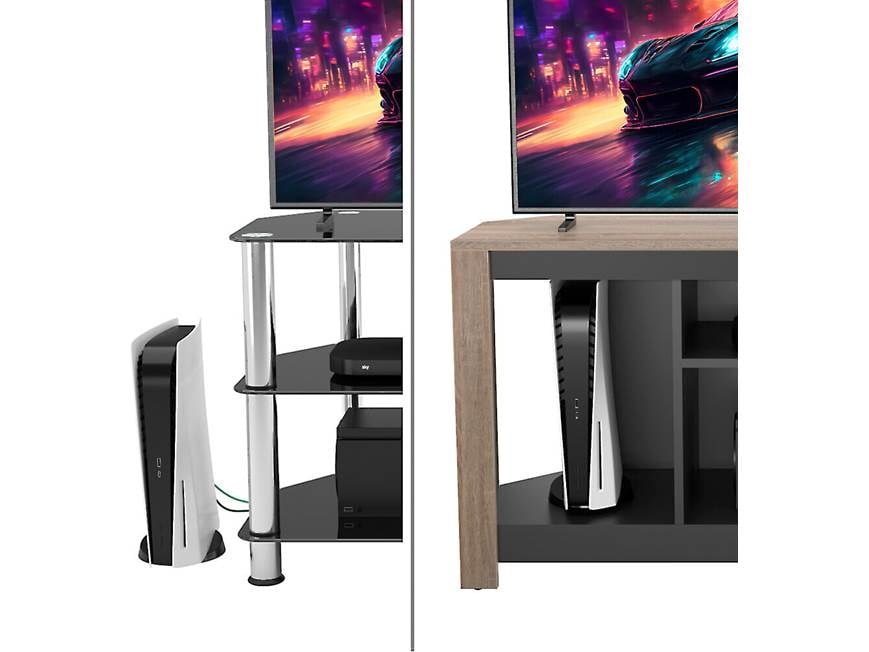 Two-panel vertical split of TV stand showing side-by-side setup