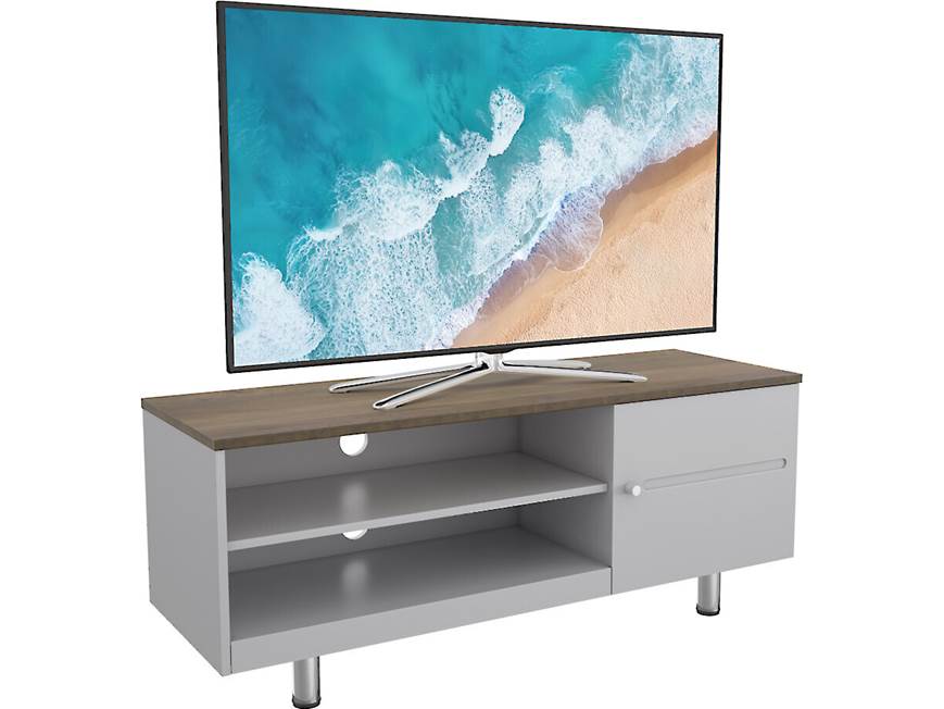 TV console with TV on top, open shelves and cabinet