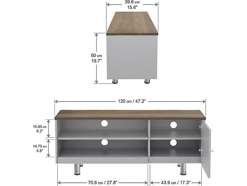 Dimensional diagram of TV stand showing measurements