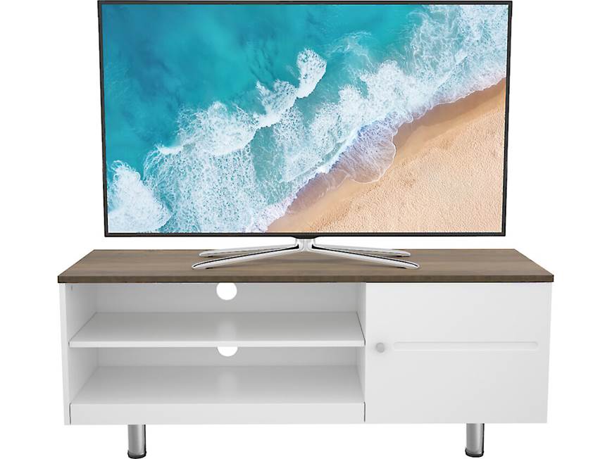 Front view of TV stand with TV on top