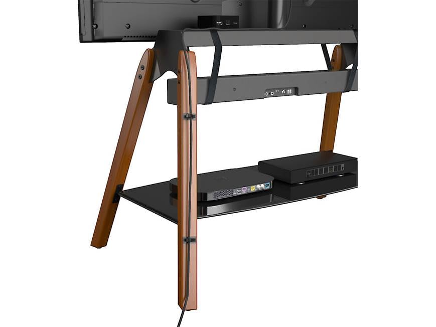 angled view of TV stand with electronics rack