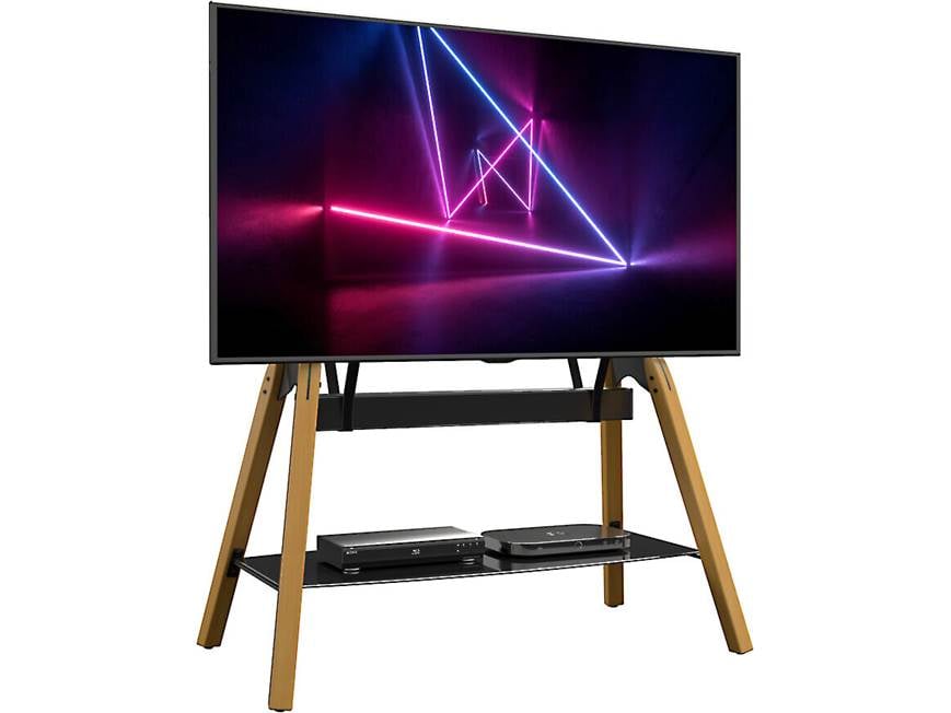 TV on AVF Hoxton stand with wooden legs and glass shelves