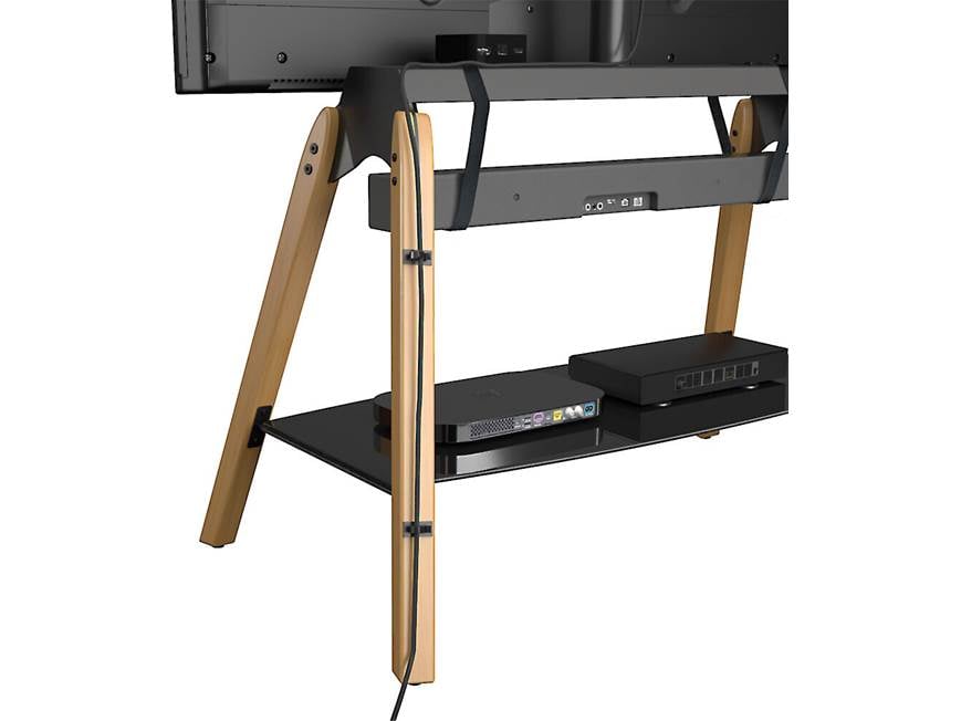 Side view of AVF Hoxton TV stand showing shelf and cables
