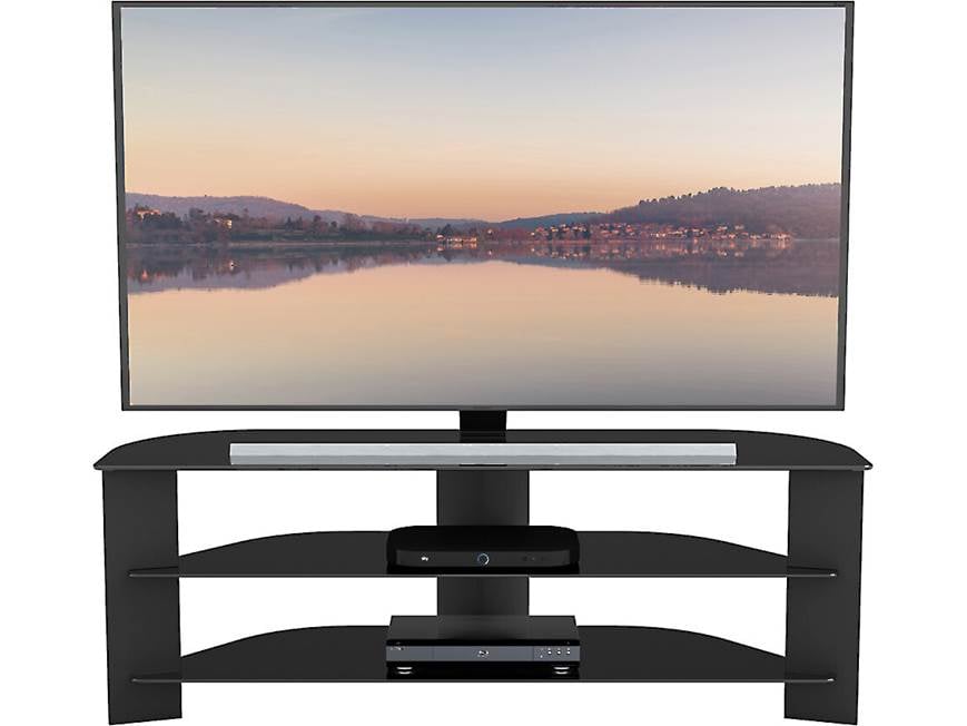 TV on AVF Varano stand from front angle showing glass shelves and TV