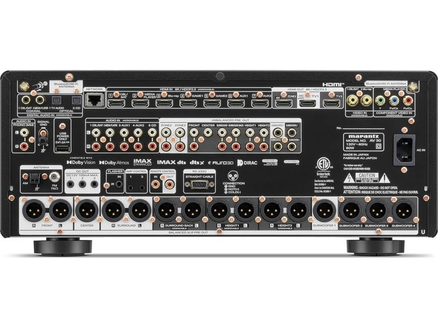 Marantz AV 30 - A variety of analog and digital connections, including 4K/8K HDMI, component and composite video, optical and coaxial digital audio, and a moving magnet phono input