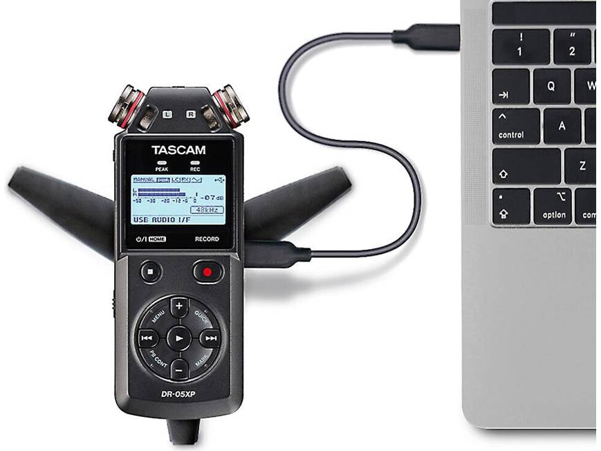 Tascam DR-05XP Portable audio recorder with USB-C interface at 