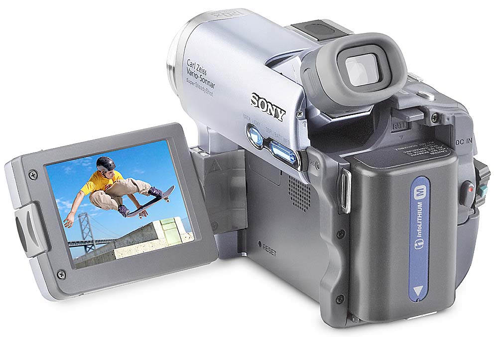 Image of a Sony DCR-TRV22 Mini DV digital camcorder. It has a swivel viewscreen and at the time that it came out 18 years ago, was a very nice little camcorder.