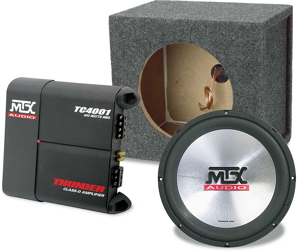 MTX Bass Package Thunder TC4001 mono amplifier Thunder4500 12" subwoofer QLogic subwoofer box