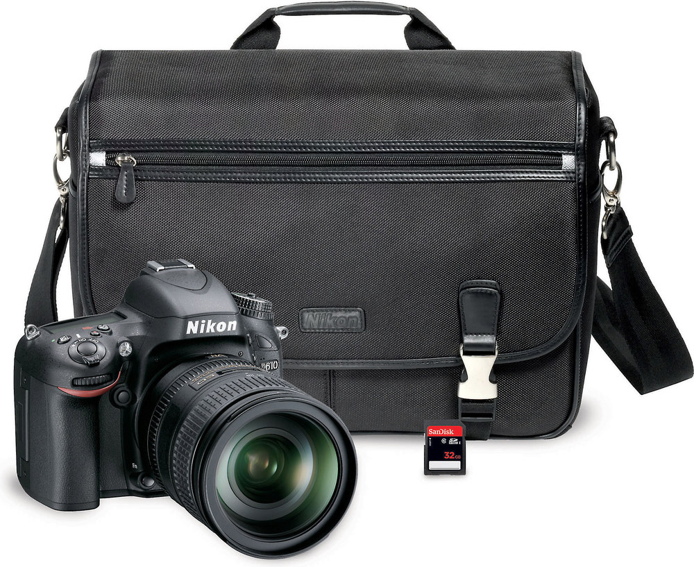Nikon D610 Camera Bundle Includes 28300mm lens, shoulder bag, and 32GB
