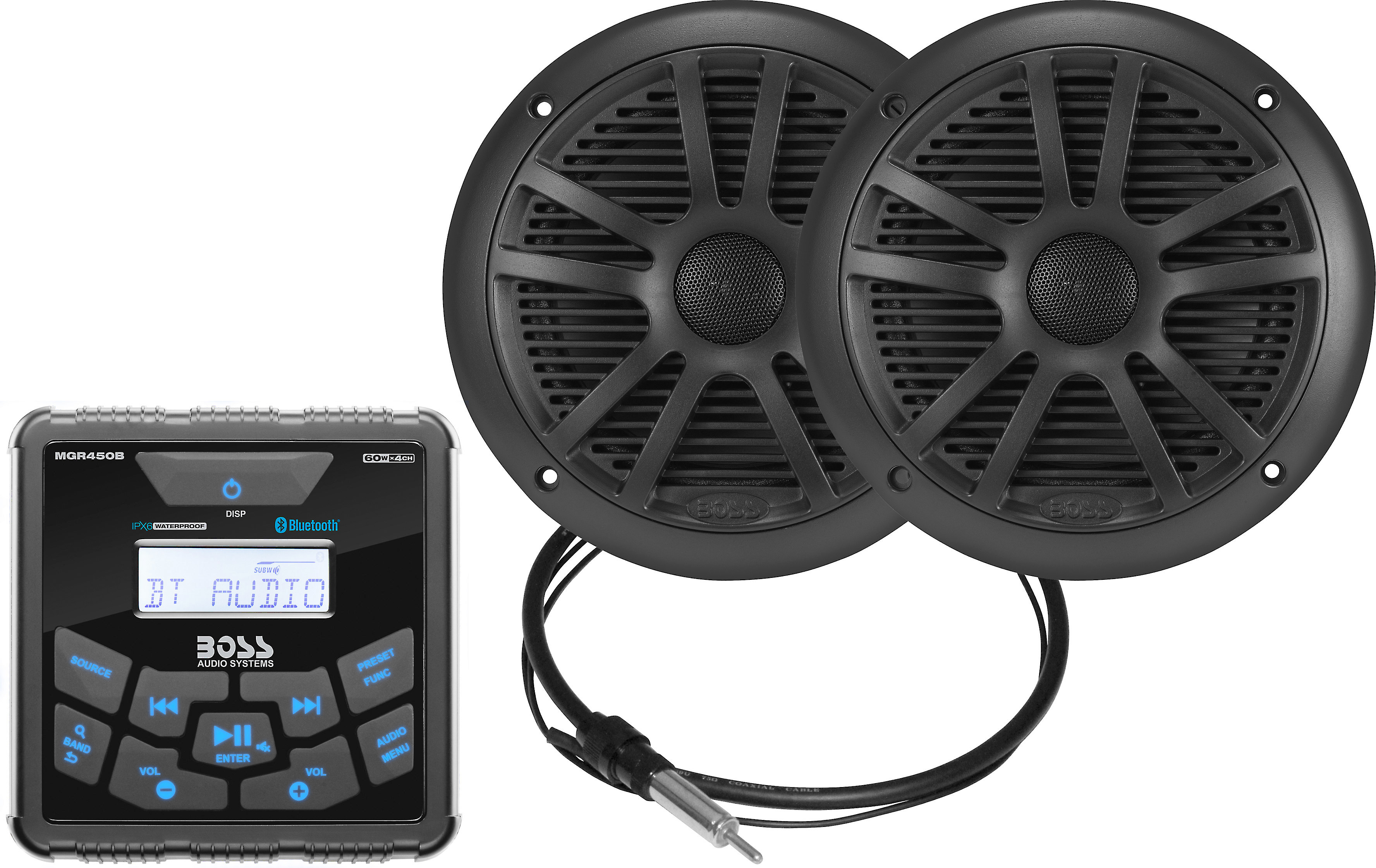 udstilling hensigt Retfærdighed Customer Reviews: Boss Audio MCKGB450B.6 (Black speakers) Marine audio  package: Includes MGR450B digital media receiver (does not play CDs) and  two MR6 6-1/2" marine speakers at Crutchfield